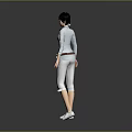 Woman Wearing Light Blue Shirt Gray Pants Tie And White Sneakers On Reflective Gray Background