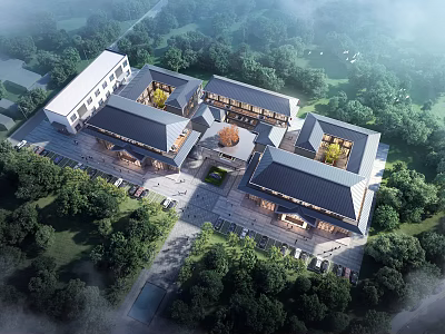 Commercial Complex With Modern Architecture Lush Greenery And Scenic Environment 3d model