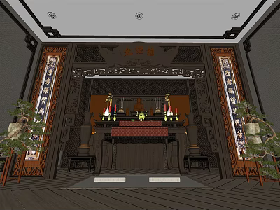 Chinese Traditional Religious Shrine Interior With Altar Decorative Carvings And Scrolls 3d model