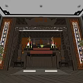 Chinese Traditional Religious Shrine Interior With Altar Decorative Carvings And Scrolls