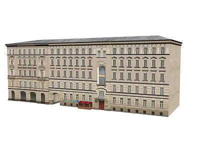 European Architecture Multistory Building With Symmetrical Design Arched Entrances Ground Floor Shops And Beige Facade 3d model