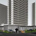 Modern High Rise Residential Building With Glass Facade Greenery And Pedestrians