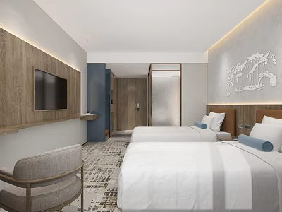Modern Hotel Guest Room Interior Featuring Twin Beds Decorative Wall TV Chair And Patterned Carpet 3d model