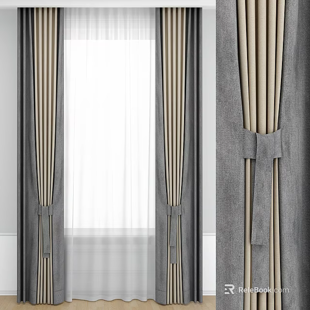 Modern Curtain Design With Linen Fabric Tiebacks And Sheer Window Layer 3d model