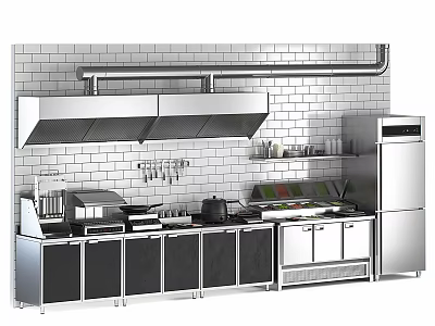 Commercial Kitchen Equipment With Stainless Steel Range Hood Countertop Refrigerator And Cabinets 3d model