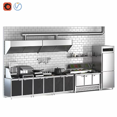 Commercial Kitchen Equipment With Stainless Steel Range Hood Countertop Refrigerator And Cabinets 3d model