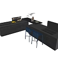 Modern Kitchen Featuring Sleek Black Cabinets Island Countertop And Blue Bar Stools