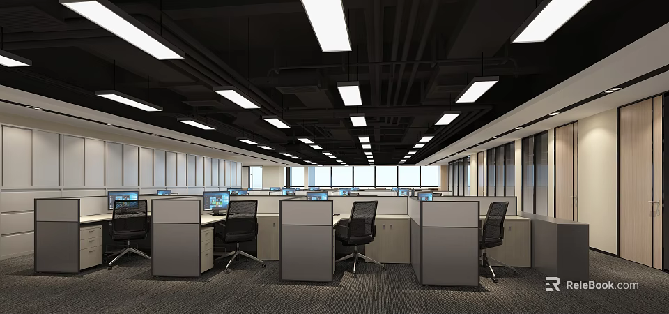 Modern Public Office Space With Cubicles Computers Office Chairs And Bright Ceiling Lights 3d model 