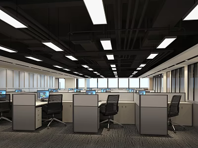 Modern Public Office Space With Cubicles Computers Office Chairs And Bright Ceiling Lights 3d model