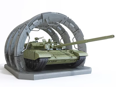 Green Military Tank With Arched Gray Bunker Structure And Long Cannon On Display Base 3d model