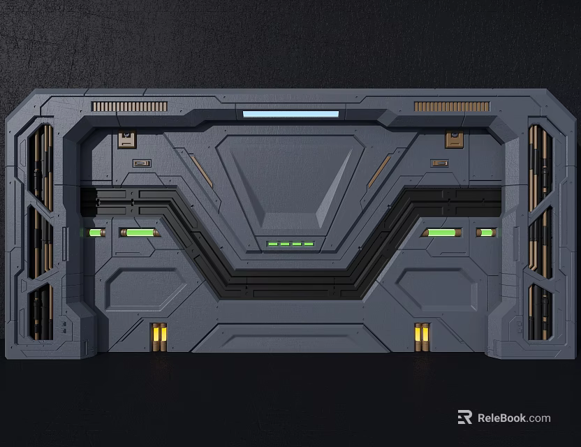 Futuristic Gray Tech Panel With Geometric Lines And Green Yellow Lights 3d model