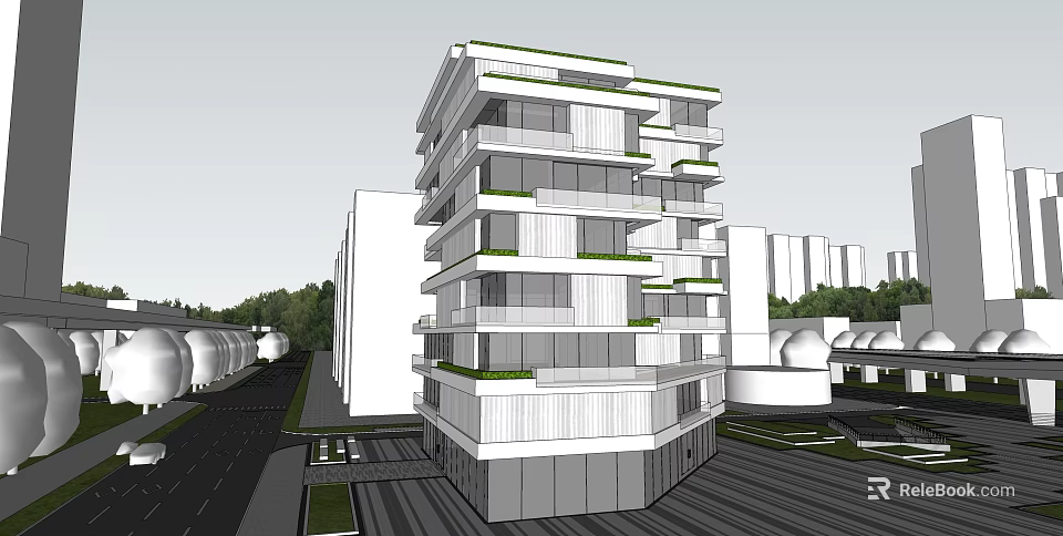 Modern Multistory Office Building With Glass Facade And Green Roof In Urban Area 3d model 