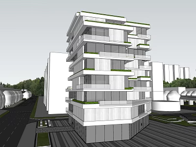 Modern Multistory Office Building With Glass Facade And Green Roof In Urban Area 3d model