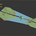 Modern Landscape Structure With Green Land Blue Water And White Connecting Path