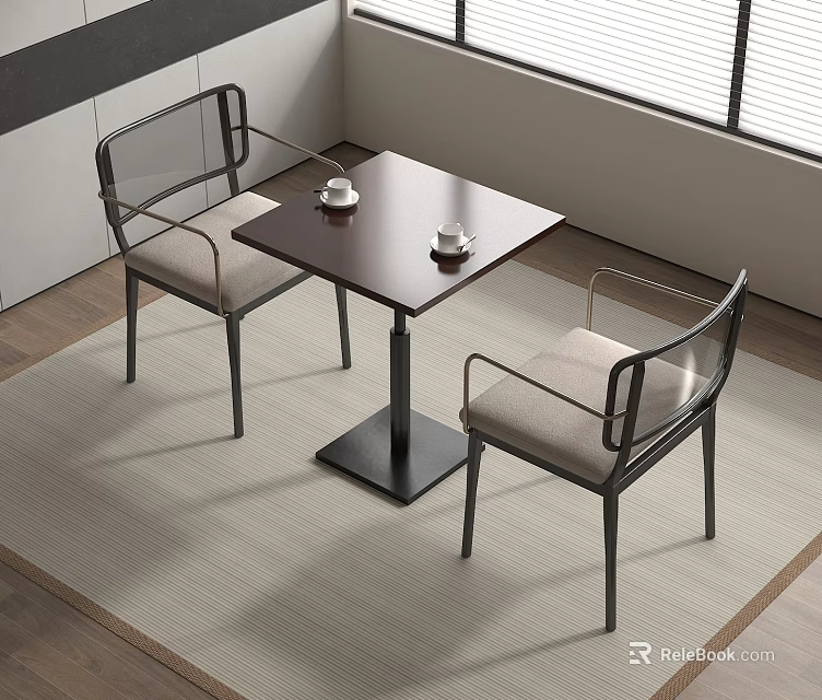 Modern Indoor Table and Chair Set with Square Wooden Top and Metal Frame Chairs 3d model 