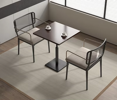 Modern Indoor Table and Chair Set with Square Wooden Top and Metal Frame Chairs 3d model