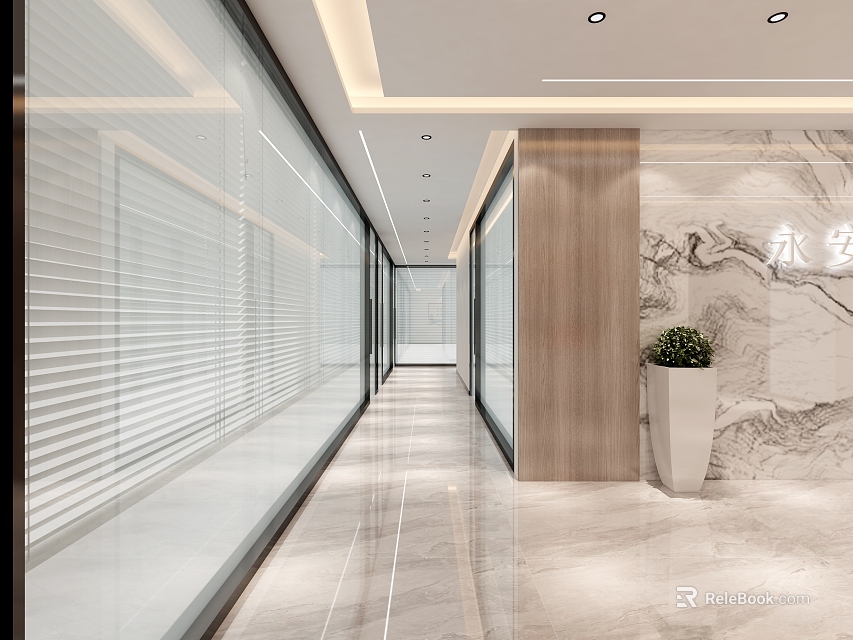 Modern Office Corridor Interior With Glass Partitions Blinds Marble Floor Wooden Wall And Green Plant 3d model 