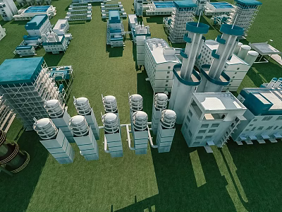 Aerial View of Modern Industrial Factory with Cooling Towers Chimneys and Multiple Buildings 3d model
