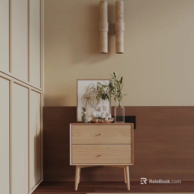 Stylish Wooden Side Table With Drawers And Decorative Vase On Warm Toned Wall 3d model 