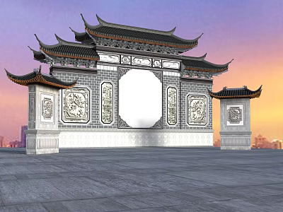 Traditional Chinese Scenic Wall with Intricate Carvings and Overhanging Eaves Against Sunset Sky 3d model