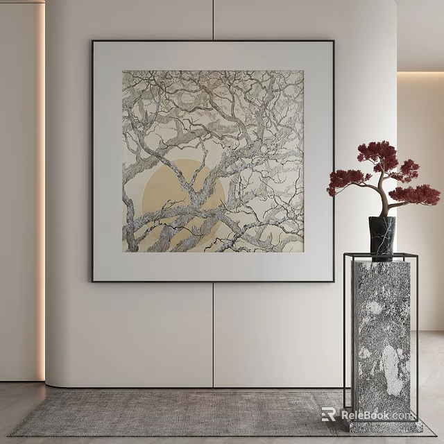 Abstract Painting With Tree Branches Circular Shape On Light Wall Decorative Stand Red Plant 3d model