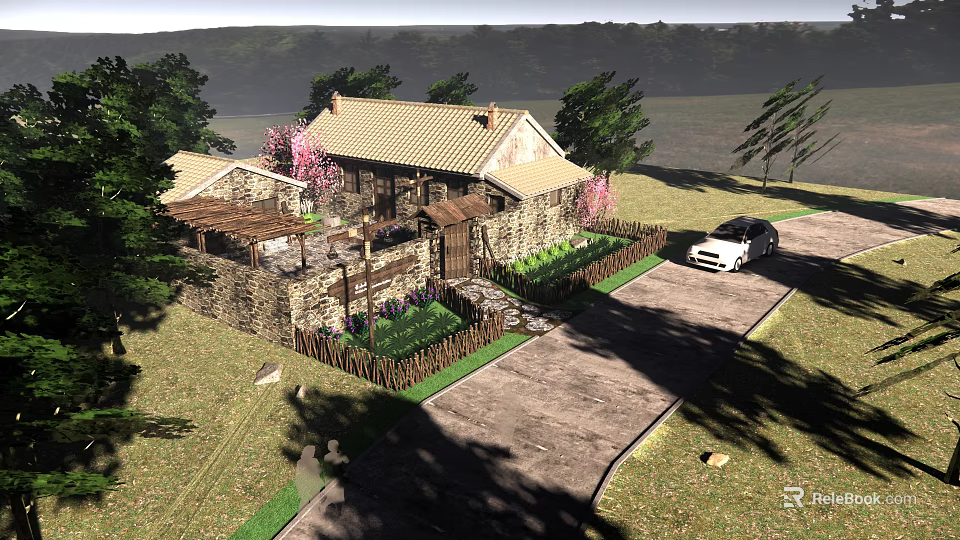 Rural Self Built House With Stone Walls Pink Flowering Trees Yard And White Car 3d model 
