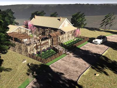 Rural Self Built House With Stone Walls Pink Flowering Trees Yard And White Car 3d model