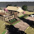 Rural Self Built House With Stone Walls Pink Flowering Trees Yard And White Car