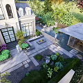 Modern Garden Landscape Around House With Colorful Trees Stone Paths Green Plants And Patio Area