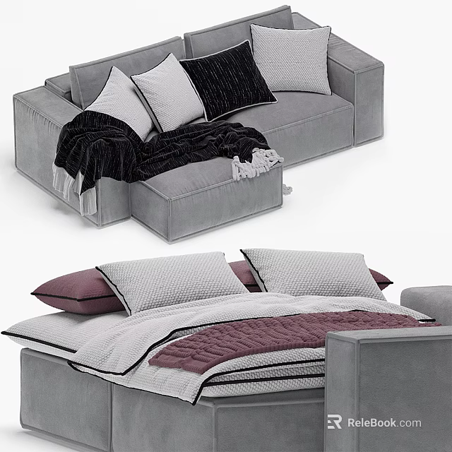 Modern Gray Sofa With Pillows And Blanket And Comfortable Bed With Purple Quilt 3d model 