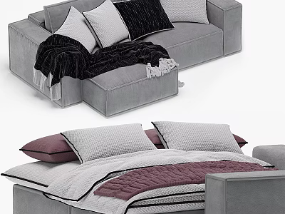 Modern Gray Sofa With Pillows And Blanket And Comfortable Bed With Purple Quilt 3d model