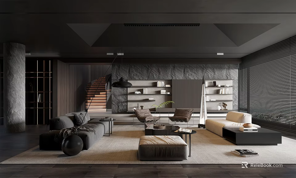 Modern Living Room Interior With Dark Gray Sofa Wooden Staircase And Bookshelves 3d model 