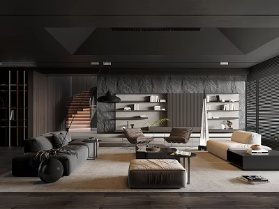 Modern Living Room Interior With Dark Gray Sofa Wooden Staircase And Bookshelves 3d model