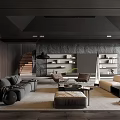 Modern Living Room Interior With Dark Gray Sofa Wooden Staircase And Bookshelves