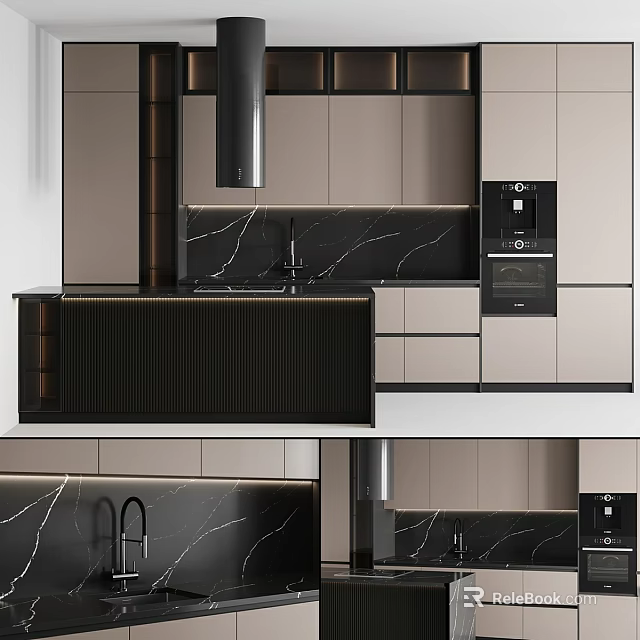 Modern Kitchen Cabinets Design With Light Gray Finish Marble Counter And Island Appliances 3d model 
