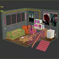 Cartoon Scene Interior With Sofa Table Red Stairs Paintings And Cabinets