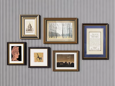 Various Framed Artworks On Striped Wall With Landscape Portrait And Text 3d model