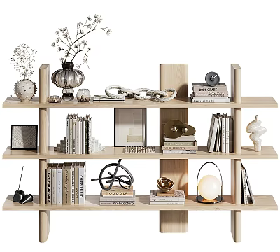 Wooden Shelf Decorative Ornament Set With Vase Books Photo Frame Sculpture And Lamp 3d model