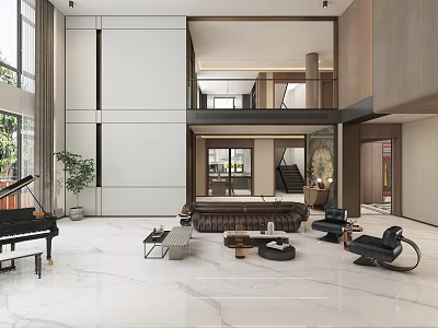 Spacious Loft Living Room With Marble Flooring Sofa Piano And Plant 3d model