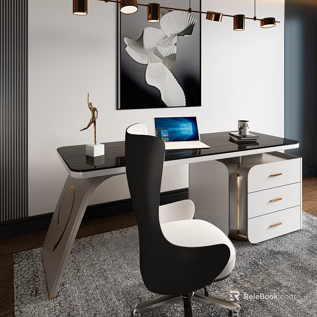Modern Office Desk With Black Surface White Drawers Laptop Sculpture And Wall Painting 3d model 