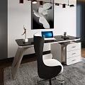 Modern Office Desk With Black Surface White Drawers Laptop Sculpture And Wall Painting