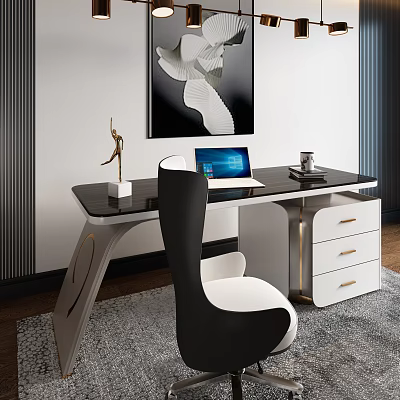 Modern Office Desk With Black Surface White Drawers Laptop Sculpture And Wall Painting 3d model