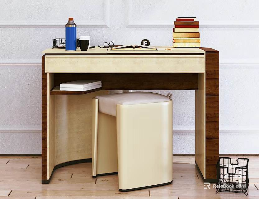 Modern Wooden Desk With Blue Water Bottle Eyeglasses Open Book Stacked Books And Upholstered Stool 3d model 
