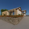 Traditional Modern Homestay Building with Tile Roof Courtyard Greenery and Wooden Elements