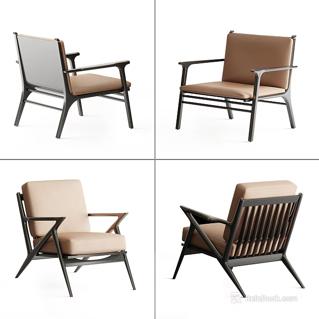 Modern Accent Chair With Black Frame Beige Cushion And Multiple Angles View 3d model