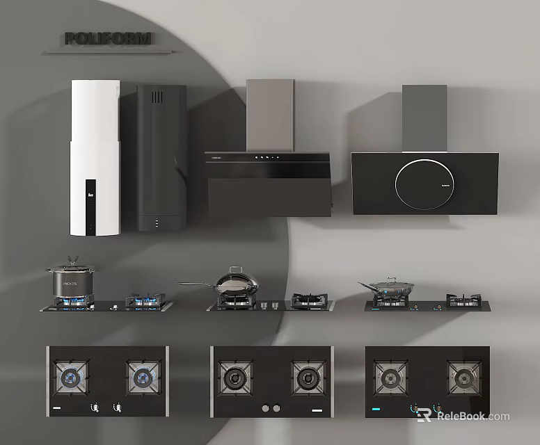 Modern Kitchen Appliances With Different Styles Range Hoods Gas Stoves And Cookware 3d model 