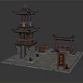Cartoon Scene Featuring Traditional Chinese Teahouse Architecture Wooden Boxes and Jars