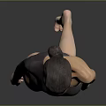 Woman in One Shoulder Black Bodysuit Standing in Full Length Pose Against Grey Studio Background