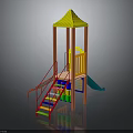 Children's Playground Structure With Yellow Canopy Red Stairs Colorful Climbing Blocks And Green Slide