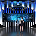 Futuristic Tech Display Space With Circular Structure Blue Pillars Large Screen And Woman Operating